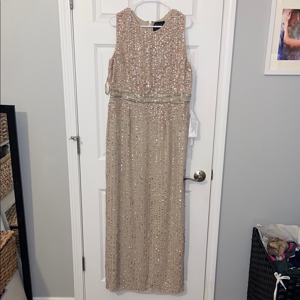Mac Duggal Beige Sequin Dress